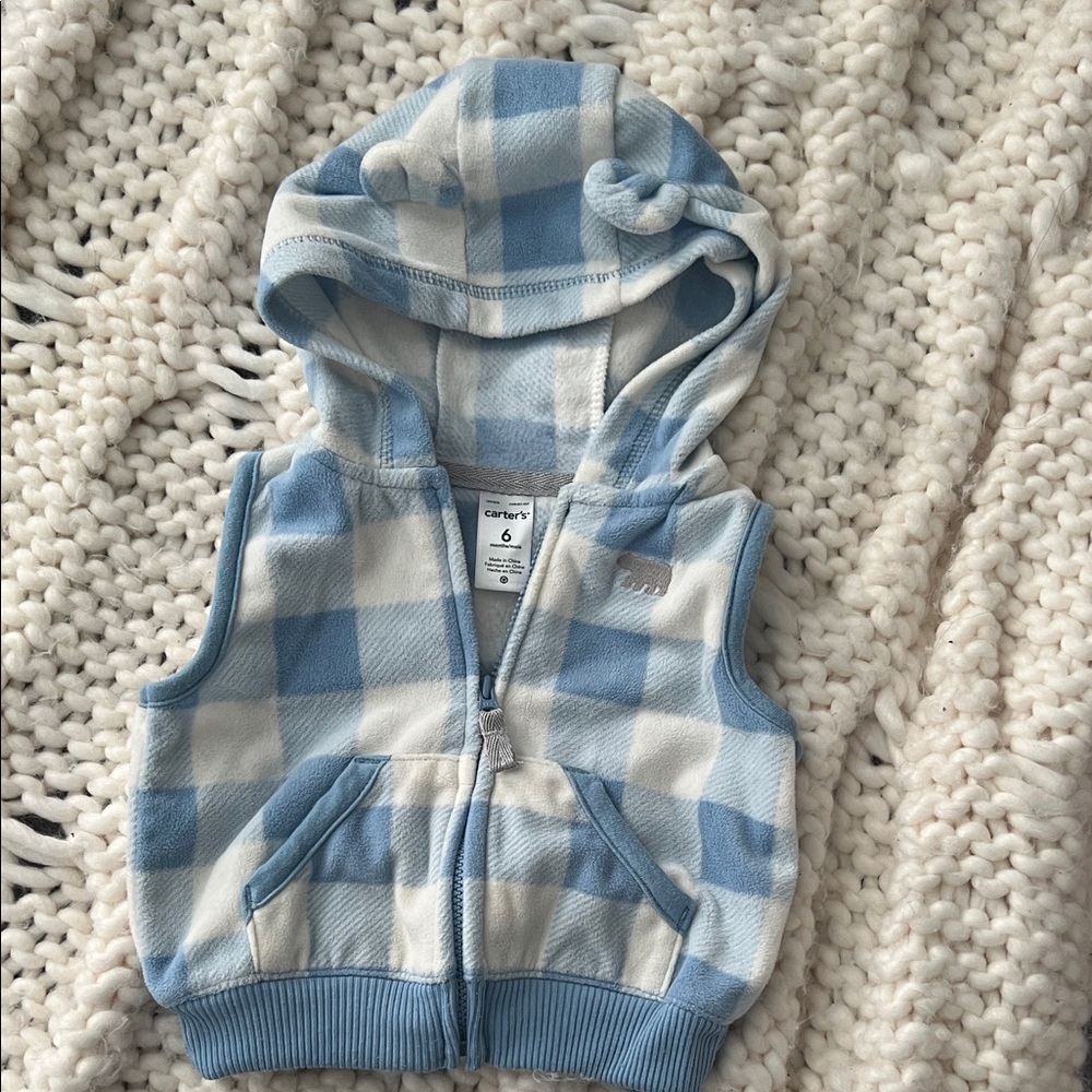 Carter's Light Blue and White Checkered Hooded Vest